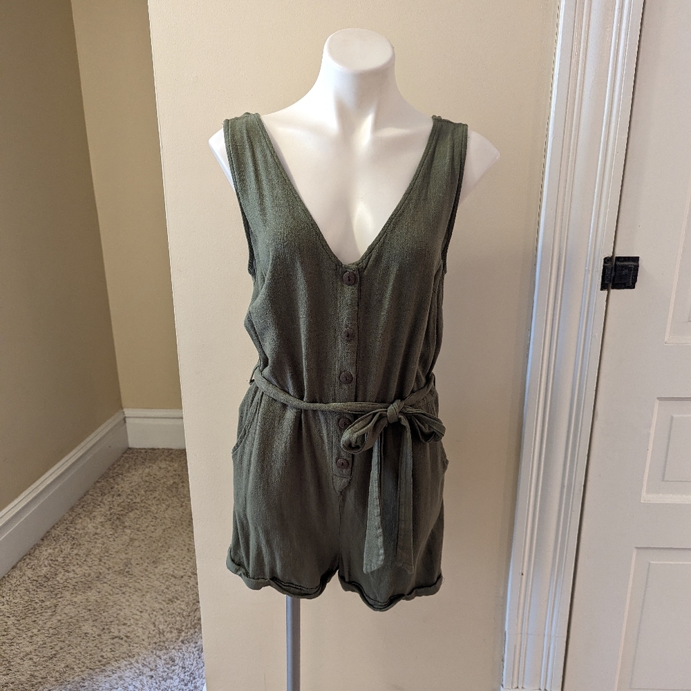 Olive green button down romper with tie belt size L